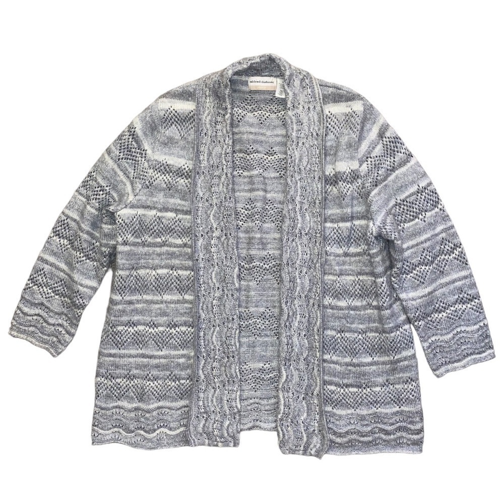 ALFRED Dunner Open Front Cardigan Sweater Neutral Gray Zigzag Pointelle Size 1x